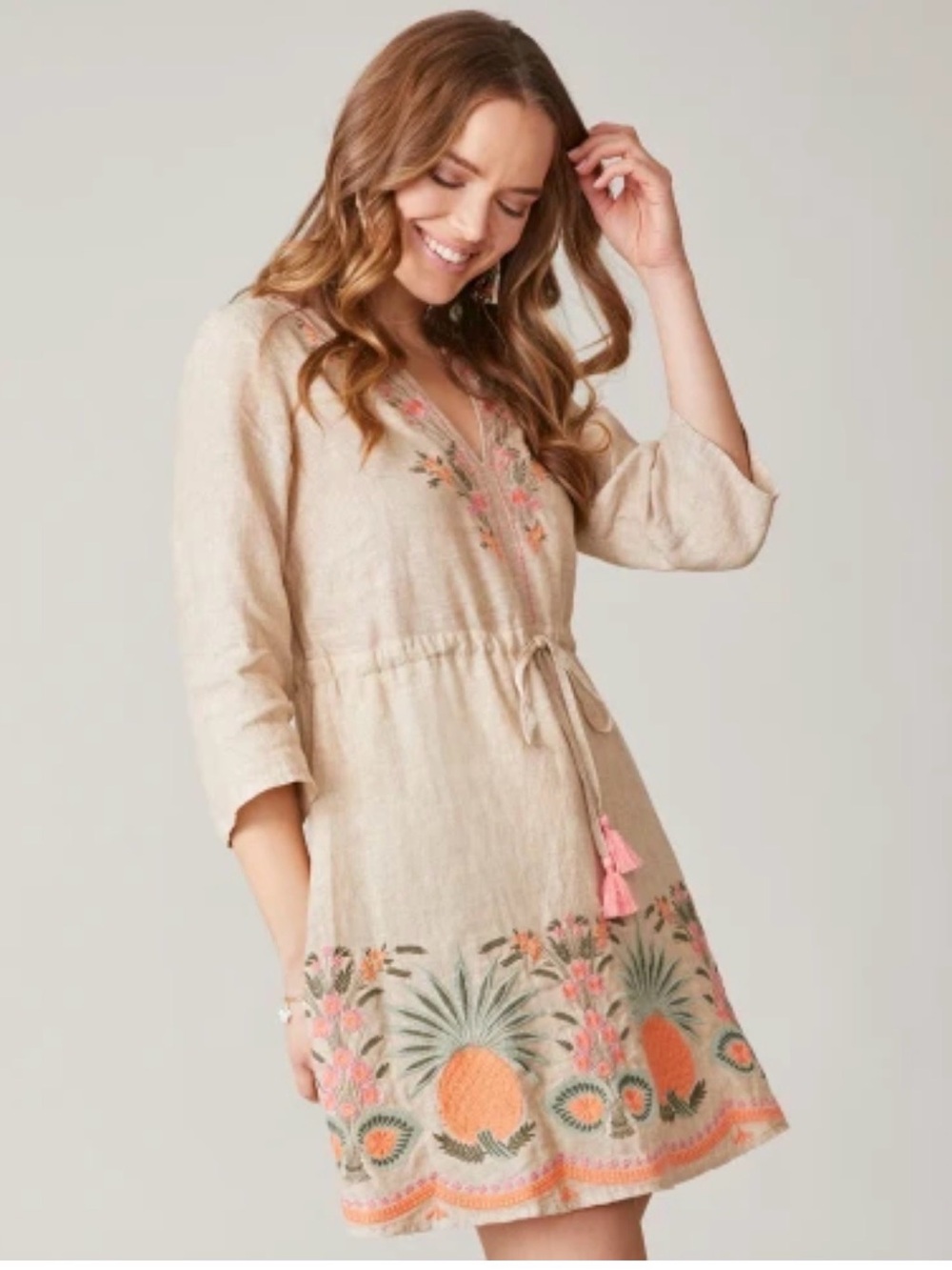 Spartina 449 Beige Embroidered Pineapple Tie-Waist Tunic
